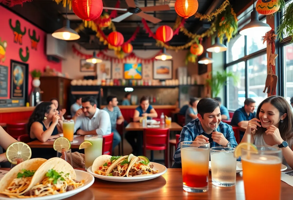 Inside view of El Cocinero with diners enjoying tacos and drinks