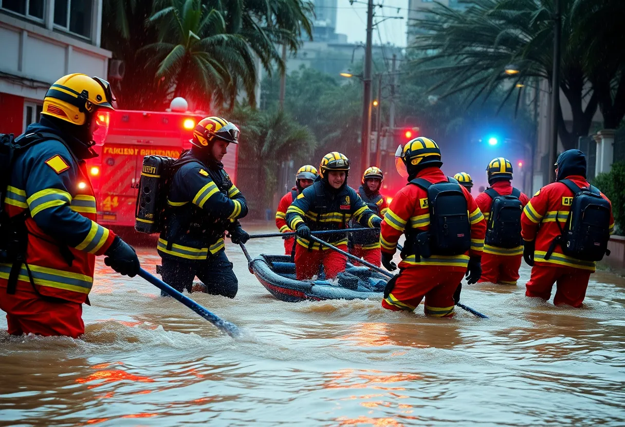 Emergency responders rescuing individuals during a flood