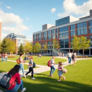 Campus view of Florida State University showcasing students and modern buildings