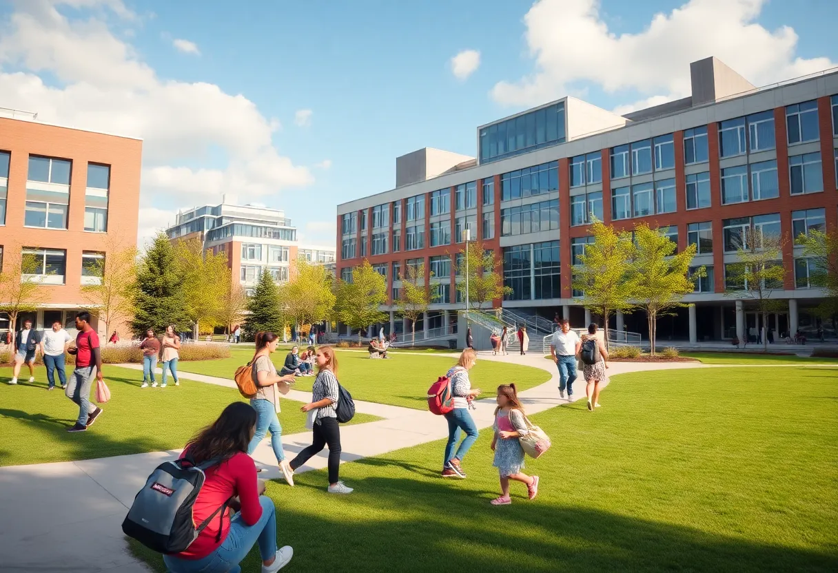 Campus view of Florida State University showcasing students and modern buildings
