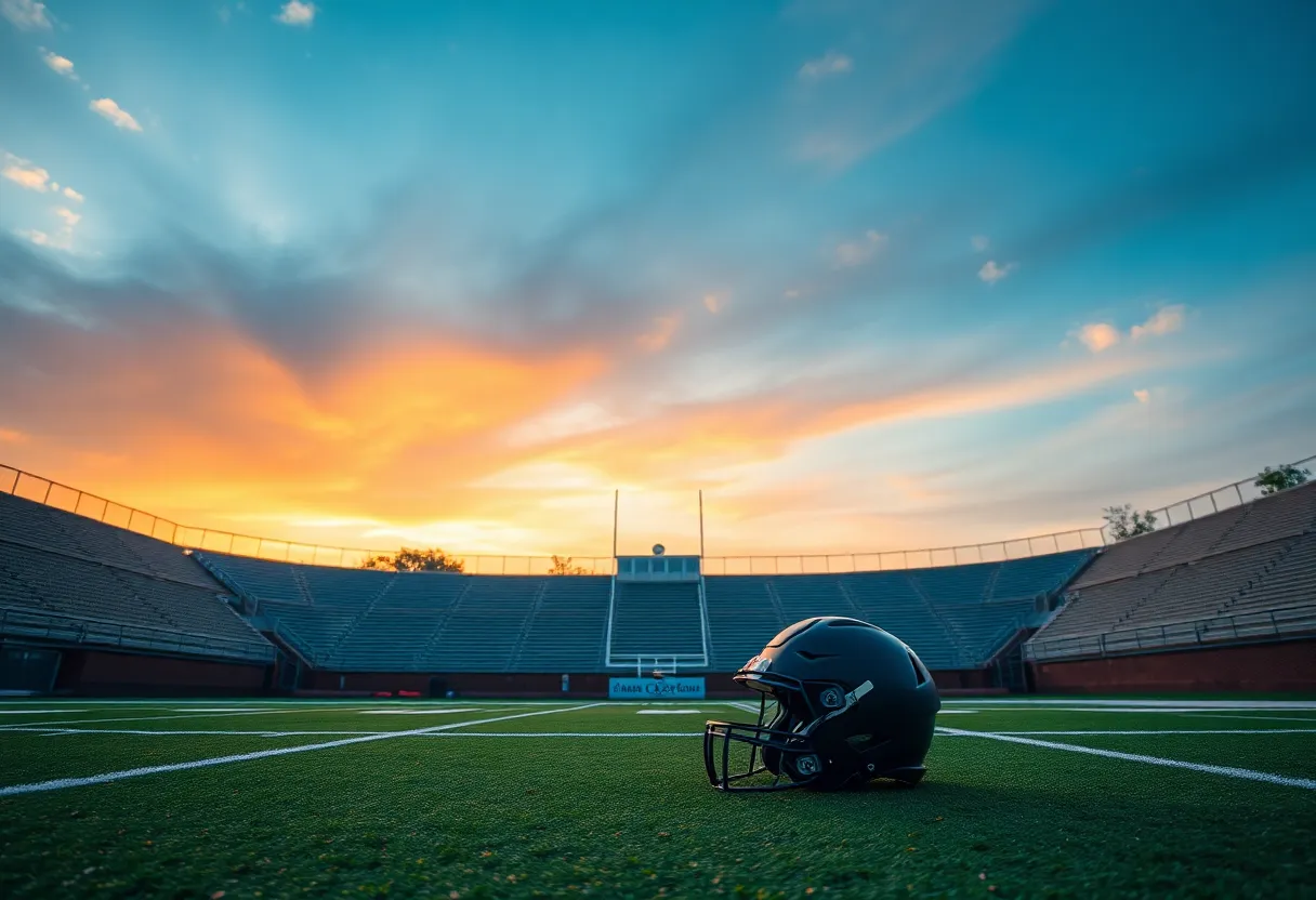 Football field empty with a helmet on the ground