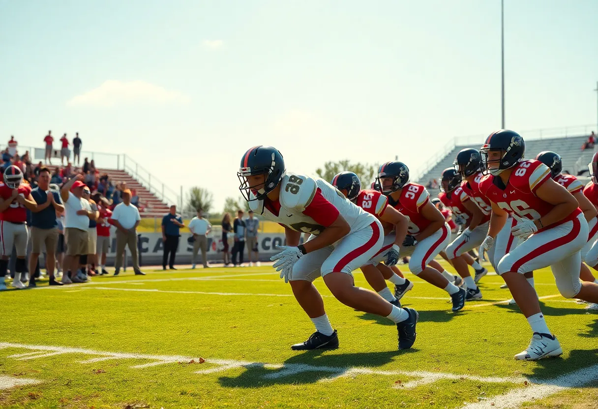 Defensive lineman practicing on high school football field