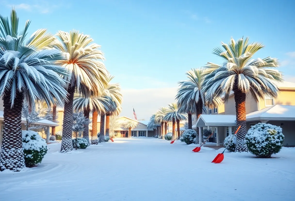 Winter scene in Florida with snow-covered palm trees.