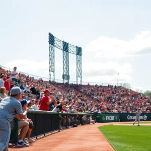 Fans cheering at a Florida State University baseball game in Dick Howser Stadium.