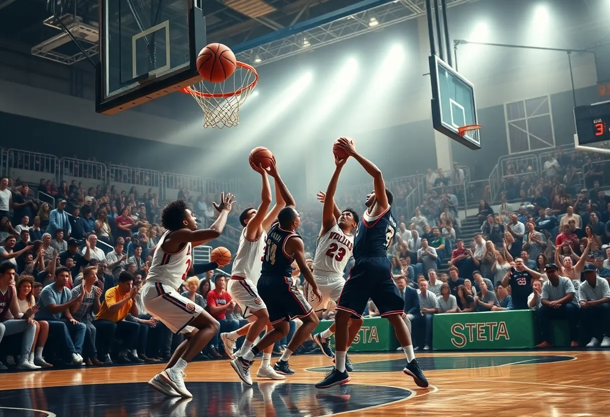 Players in action during the FSU vs Pitt basketball game, with fans cheering in the background.