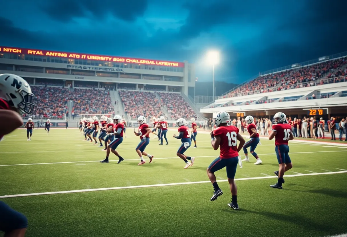 Florida State University football players practicing defense on the field