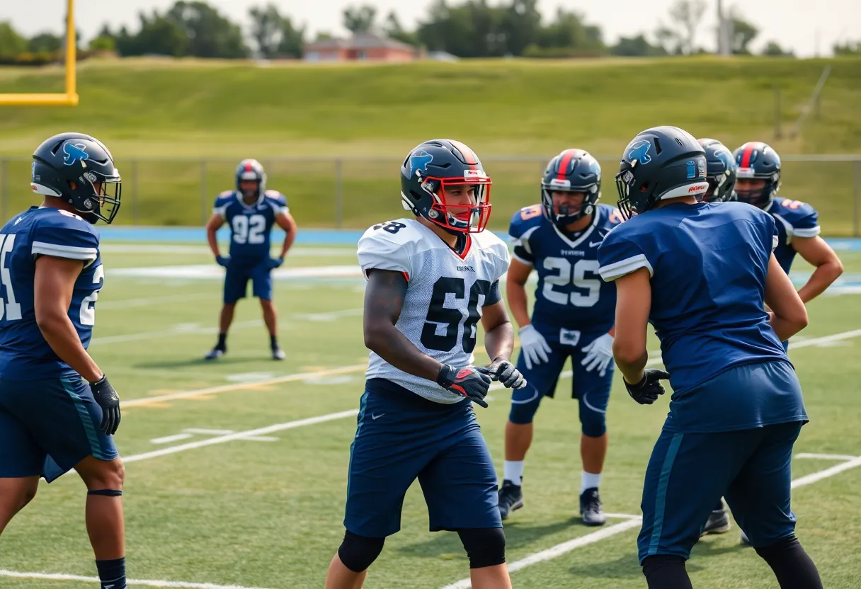 Football players working on offensive line drills during practice.