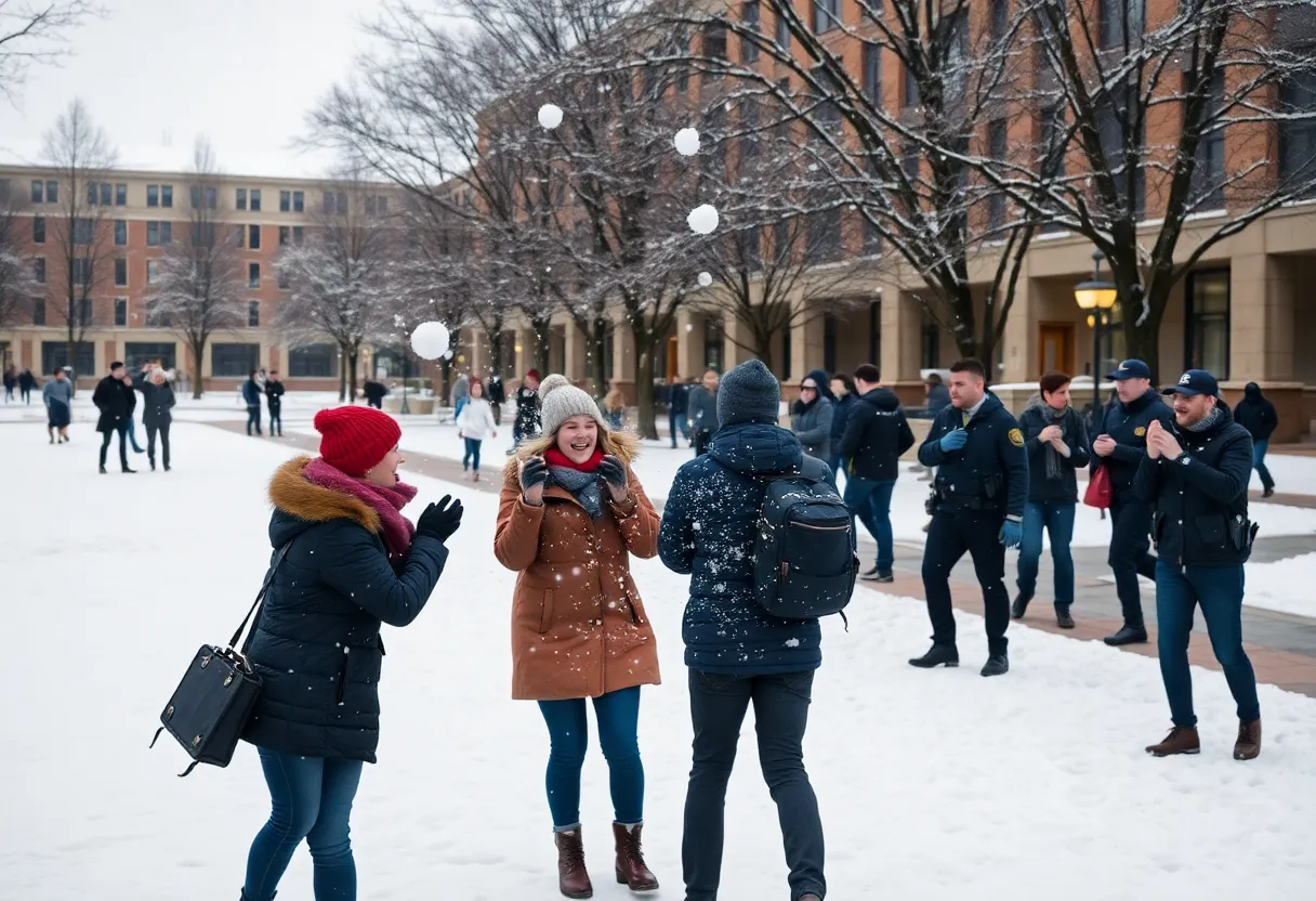 Students engaging in a snowball fight on a university campus