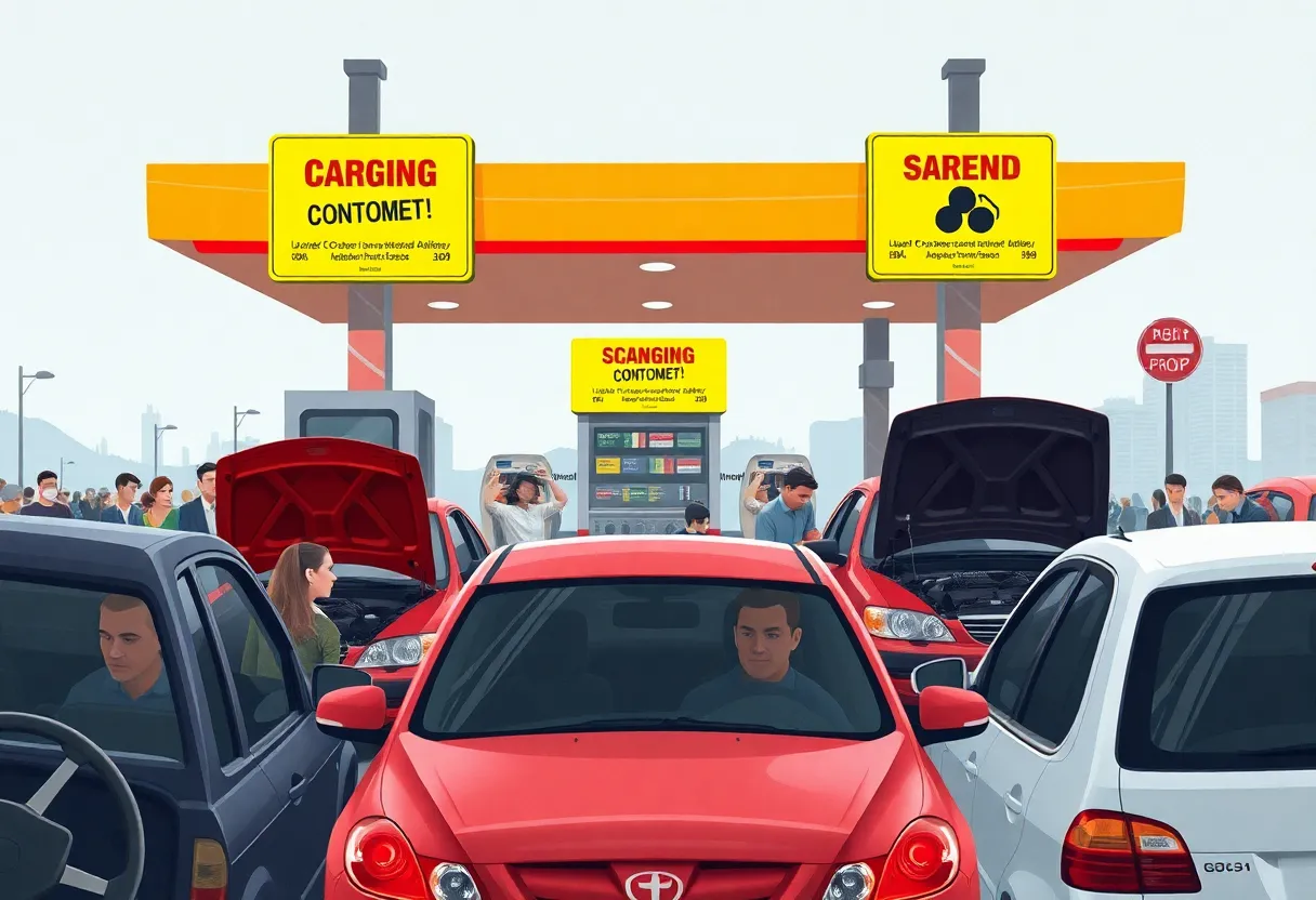 Gas station sign warning of fuel contamination with drivers concerned about their vehicles.