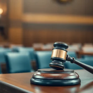 A gavel on a courtroom bench representing legal justice.