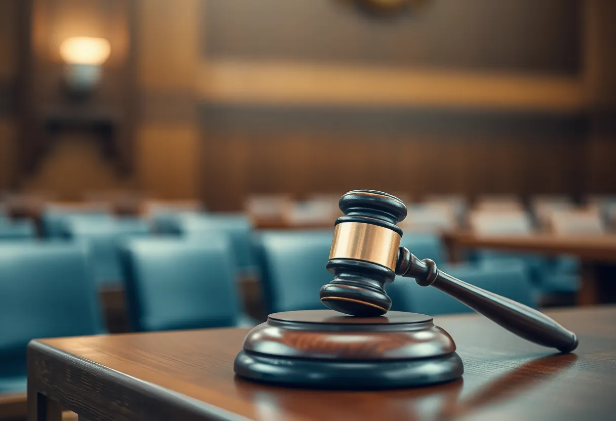 A gavel on a courtroom bench representing legal justice.
