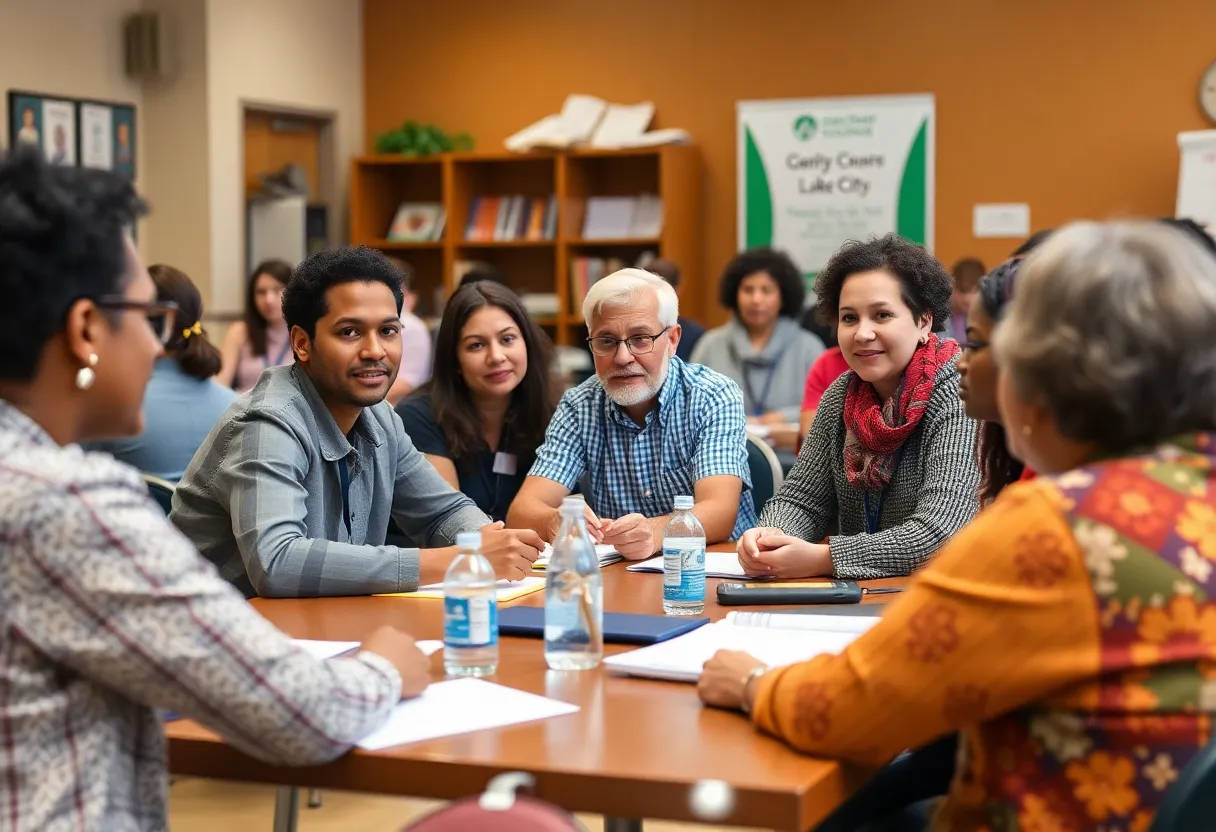 Residents discussing community projects in Lake City