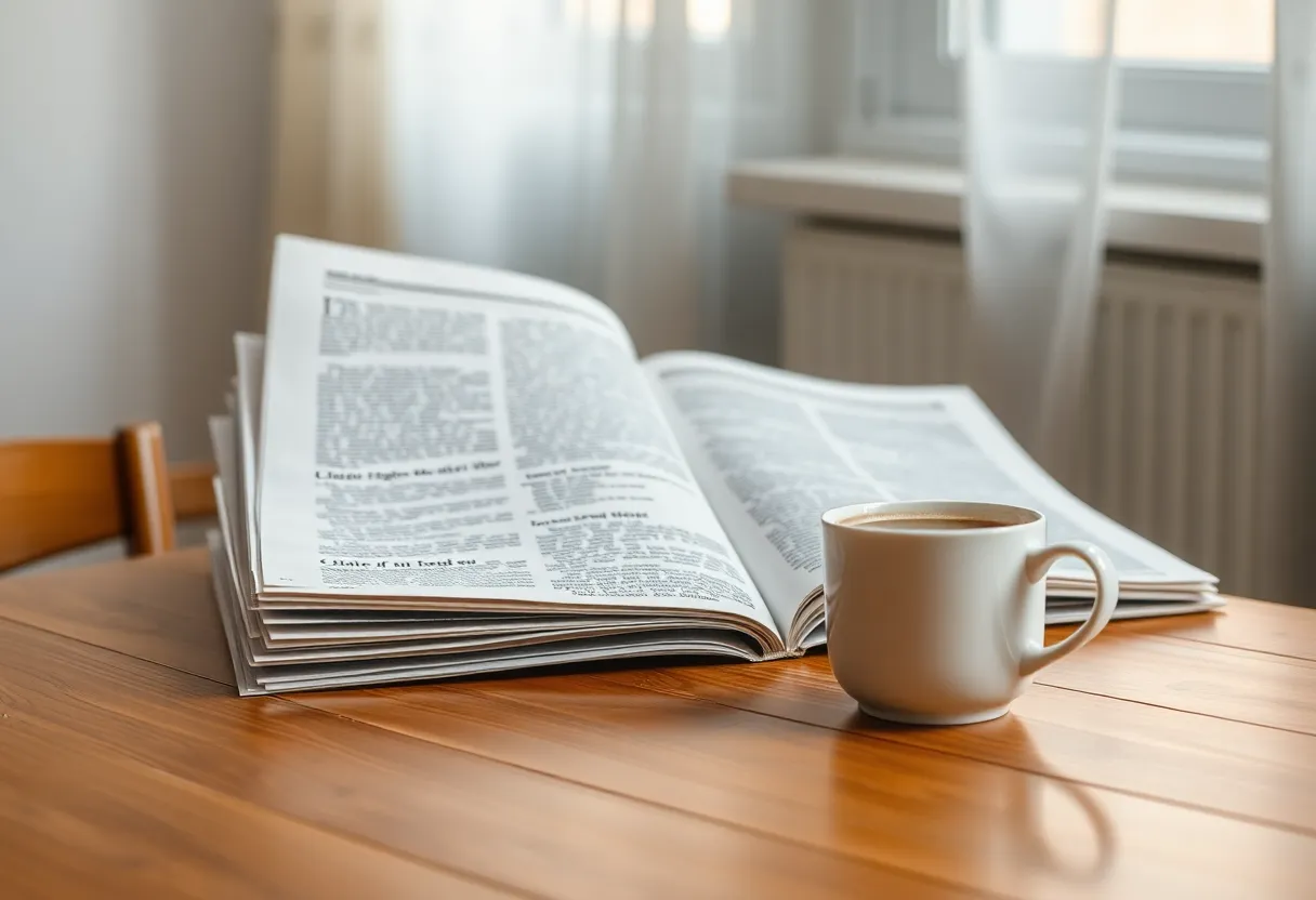 Open newspaper with coffee cup on table
