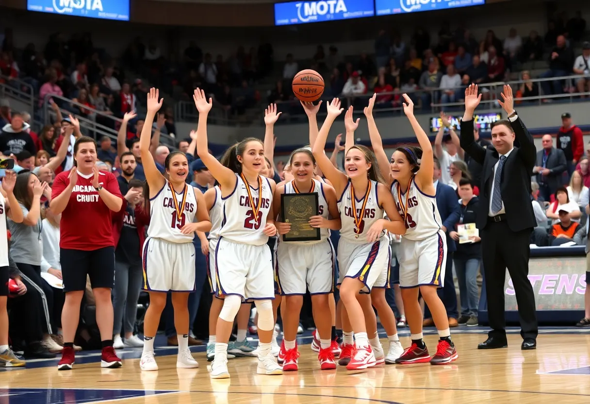 Lincoln girls basketball team celebrating their state championship win