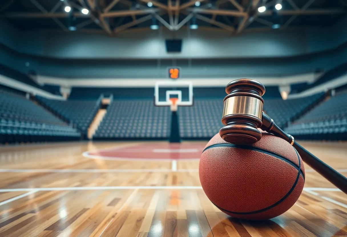 Empty basketball court with a gavel symbolizing legal action.
