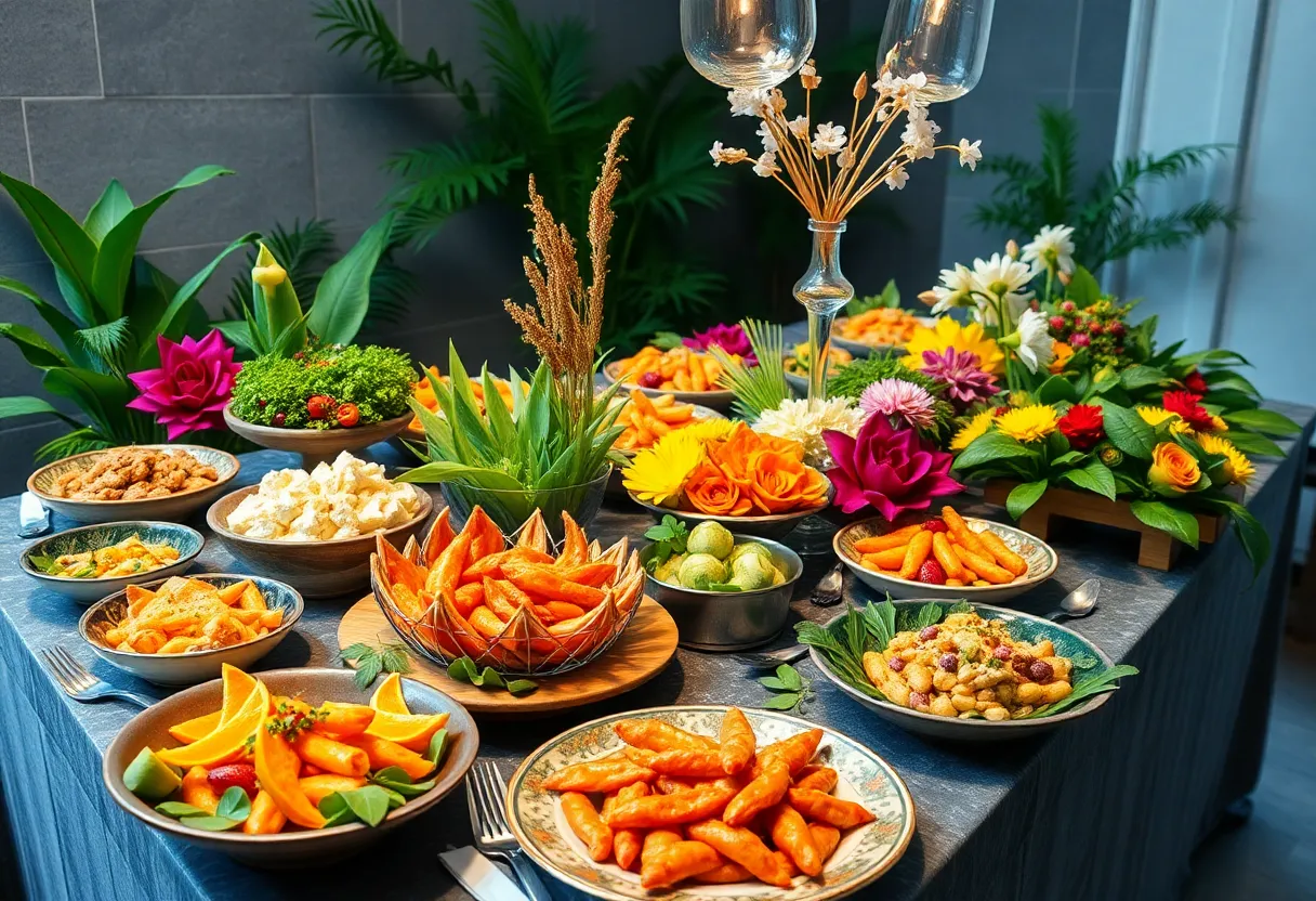 Elegant plant-based catering setup with colorful dishes