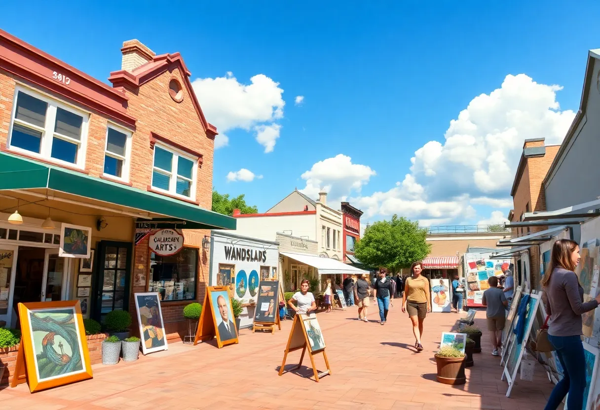 Community gathering in Railroad Square with art displays