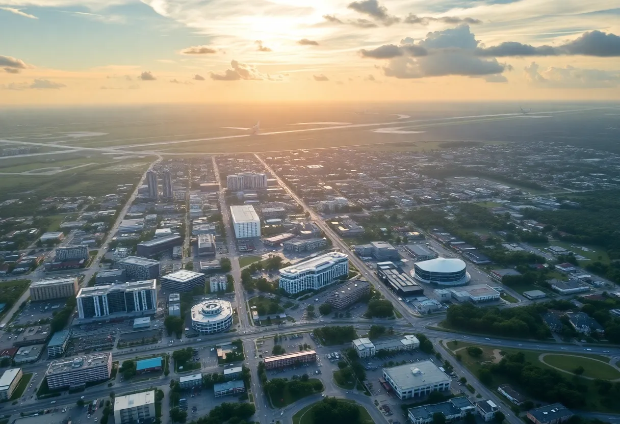 Aerial view of Tallahassee with airport infrastructure