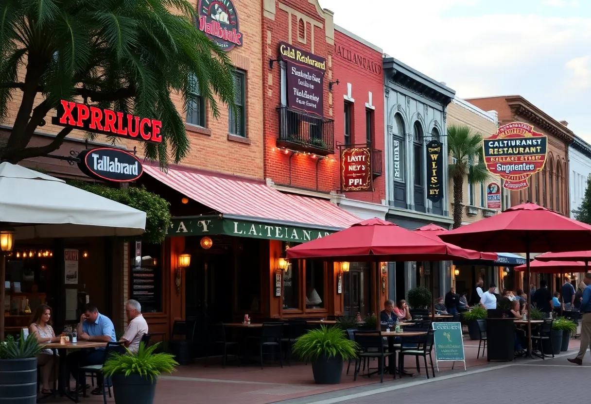Outdoor dining at various restaurants in Tallahassee, showing vibrant food culture.
