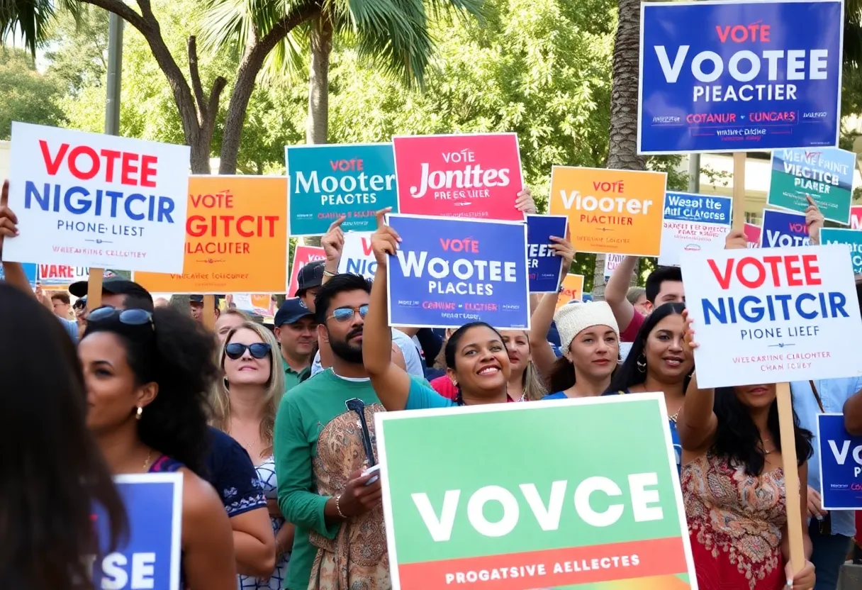 Campaign scene in Tallahassee with signs for progressive candidates.