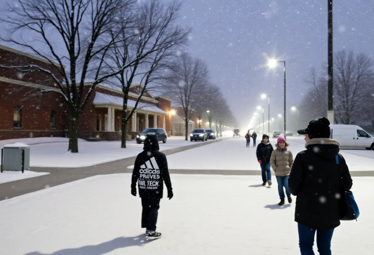 Snow-covered Tallahassee school with closed sign