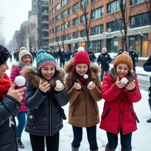 Students engaged in snowball fight during Tallahassee snow day with police presence nearby.