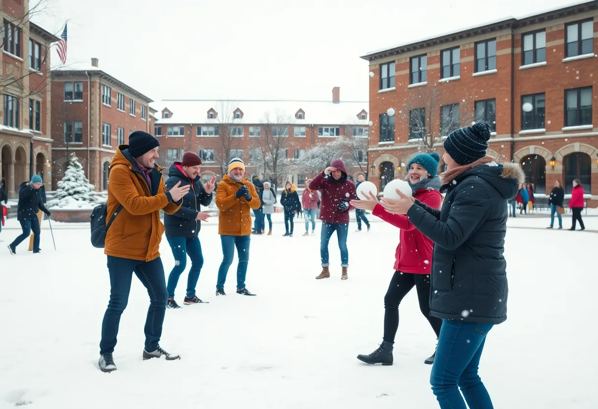 Students participating in snowball fights in Tallahassee during winter weather