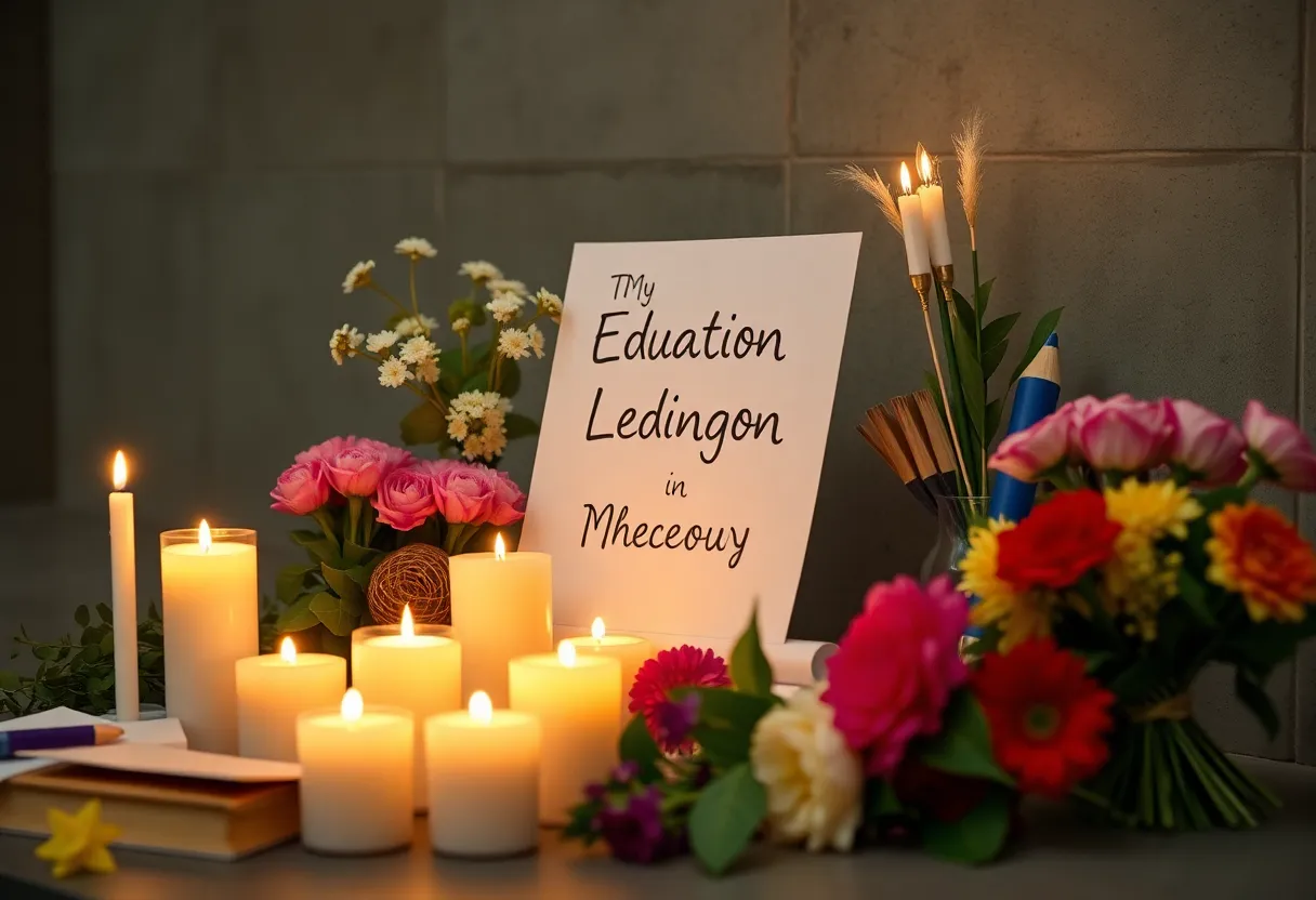 A memorial setup featuring candles and flowers honoring a lifelong educator.