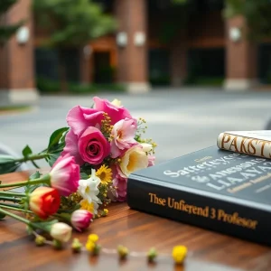 A tribute scene with flowers and a textbook on statistics