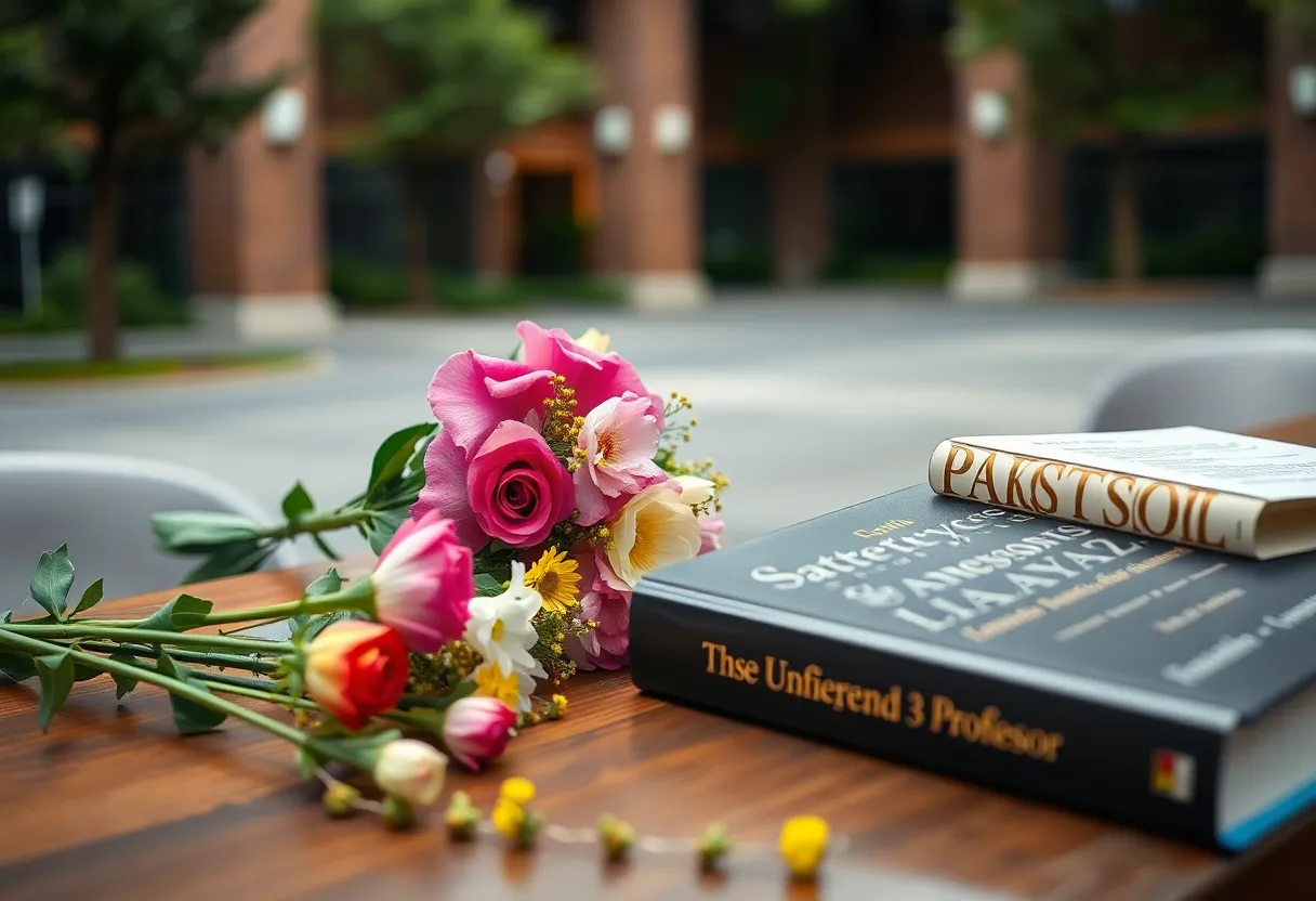 A tribute scene with flowers and a textbook on statistics