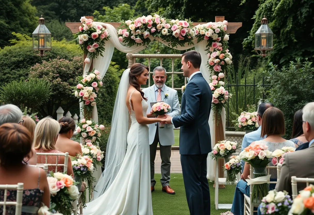 Couples celebrating Valentine's Day Group Wedding in a beautiful garden setting