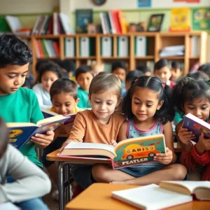 Diverse group of children reading in an engaging classroom setting