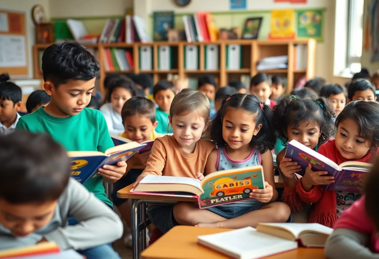 Diverse group of children reading in an engaging classroom setting