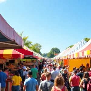 Crowd enjoying the Cleaver and Cork Festival with tasting tents in the background.