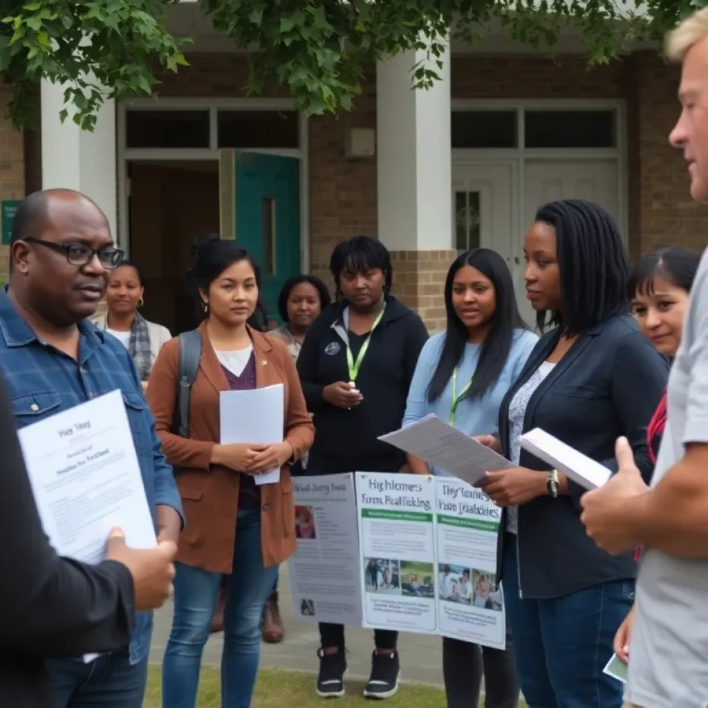 Community members participating in a human trafficking awareness event outside a school.