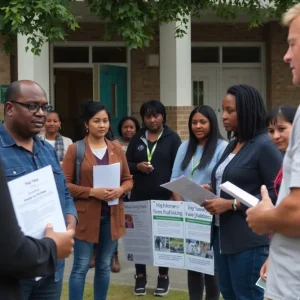 Community members participating in a human trafficking awareness event outside a school.