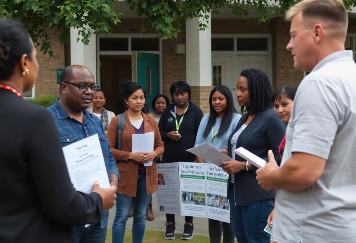 Community members participating in a human trafficking awareness event outside a school.
