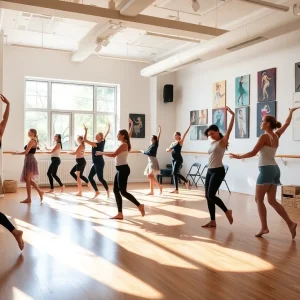A group of dancers practicing in a brightly lit studio with inspirational artwork
