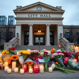Memorial display with flowers and candles honoring Daniel A. Kleman
