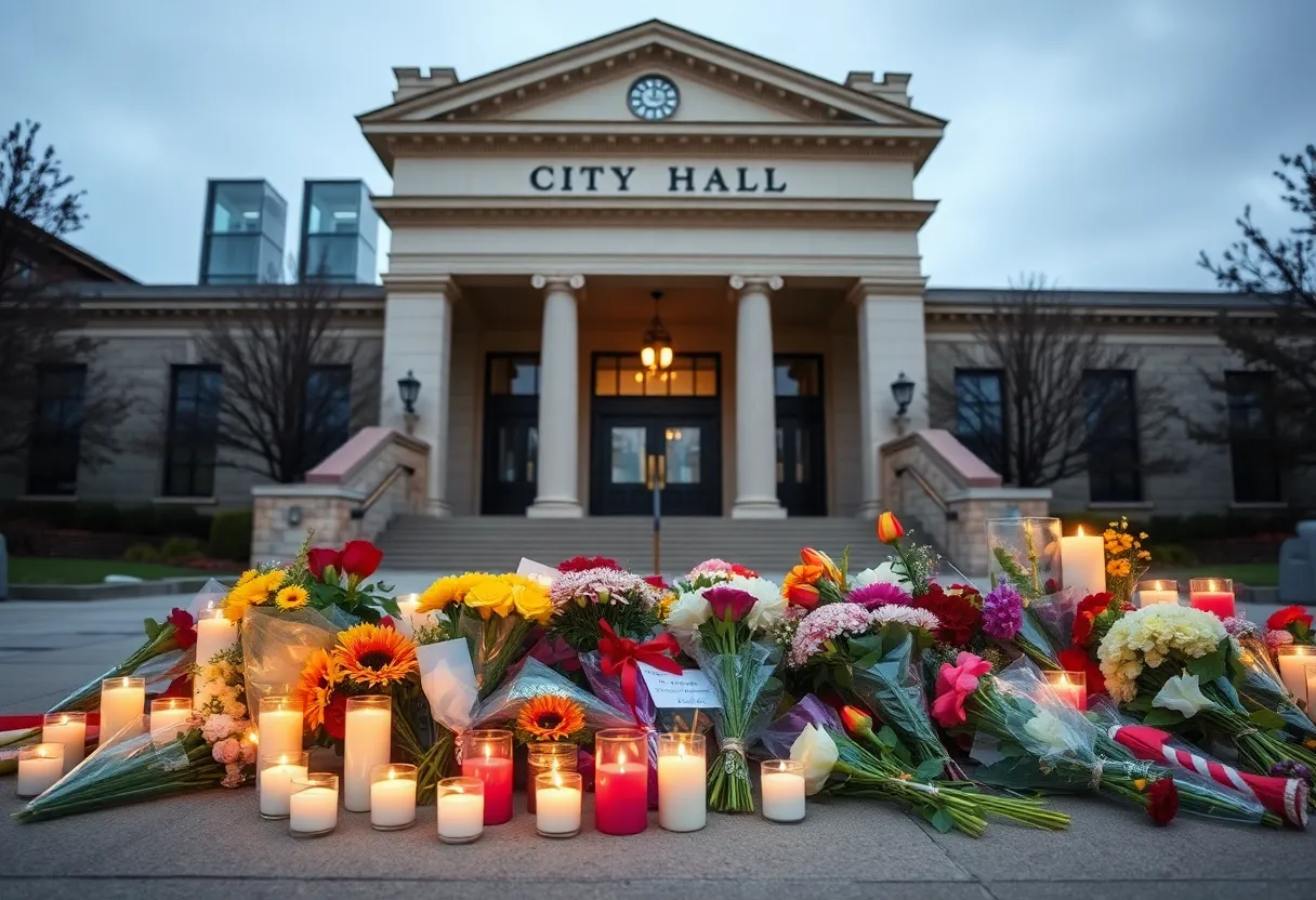 Memorial display with flowers and candles honoring Daniel A. Kleman