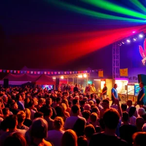 A lively music festival in Tallahassee with a crowd enjoying performances.