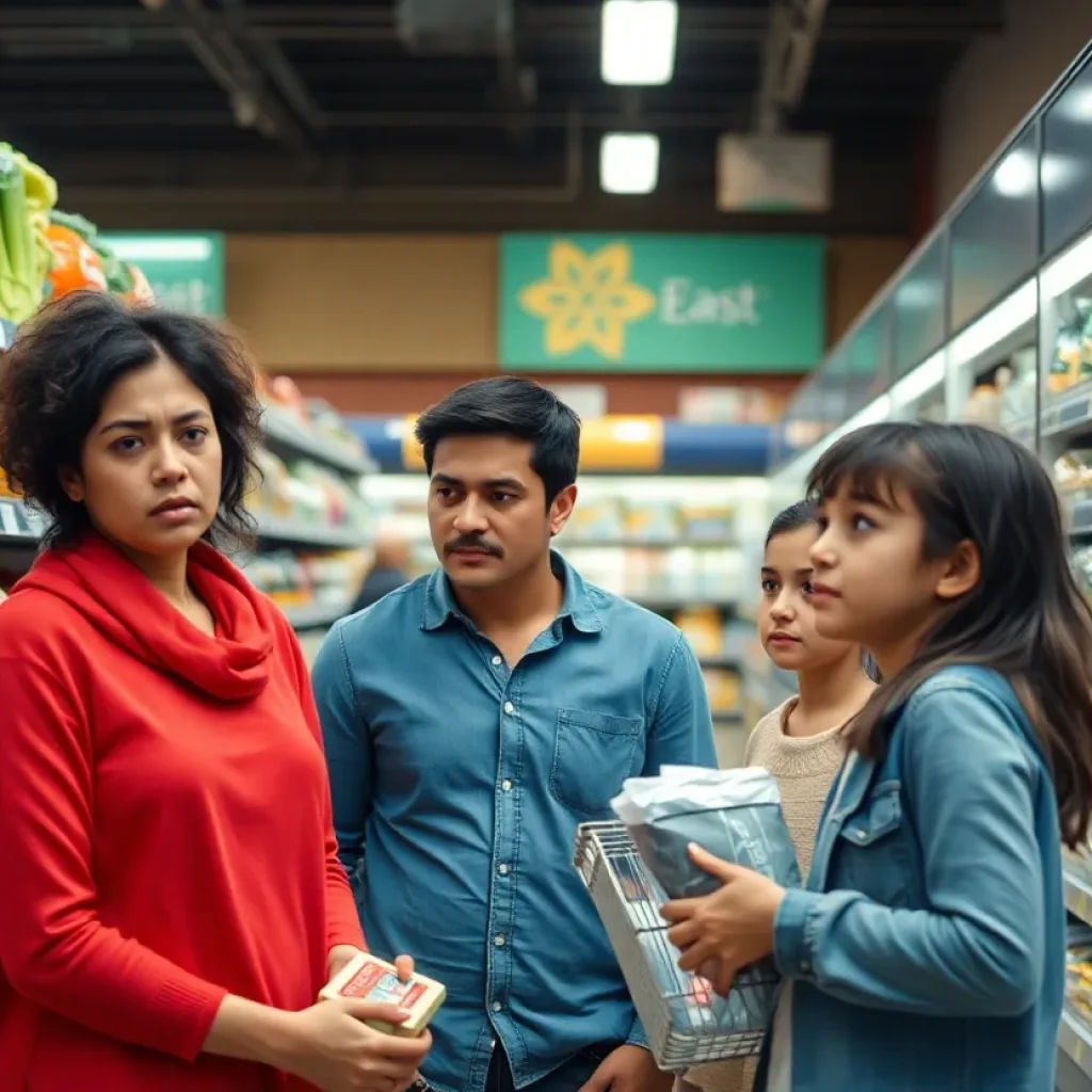 A family in a grocery store looking concerned about food prices