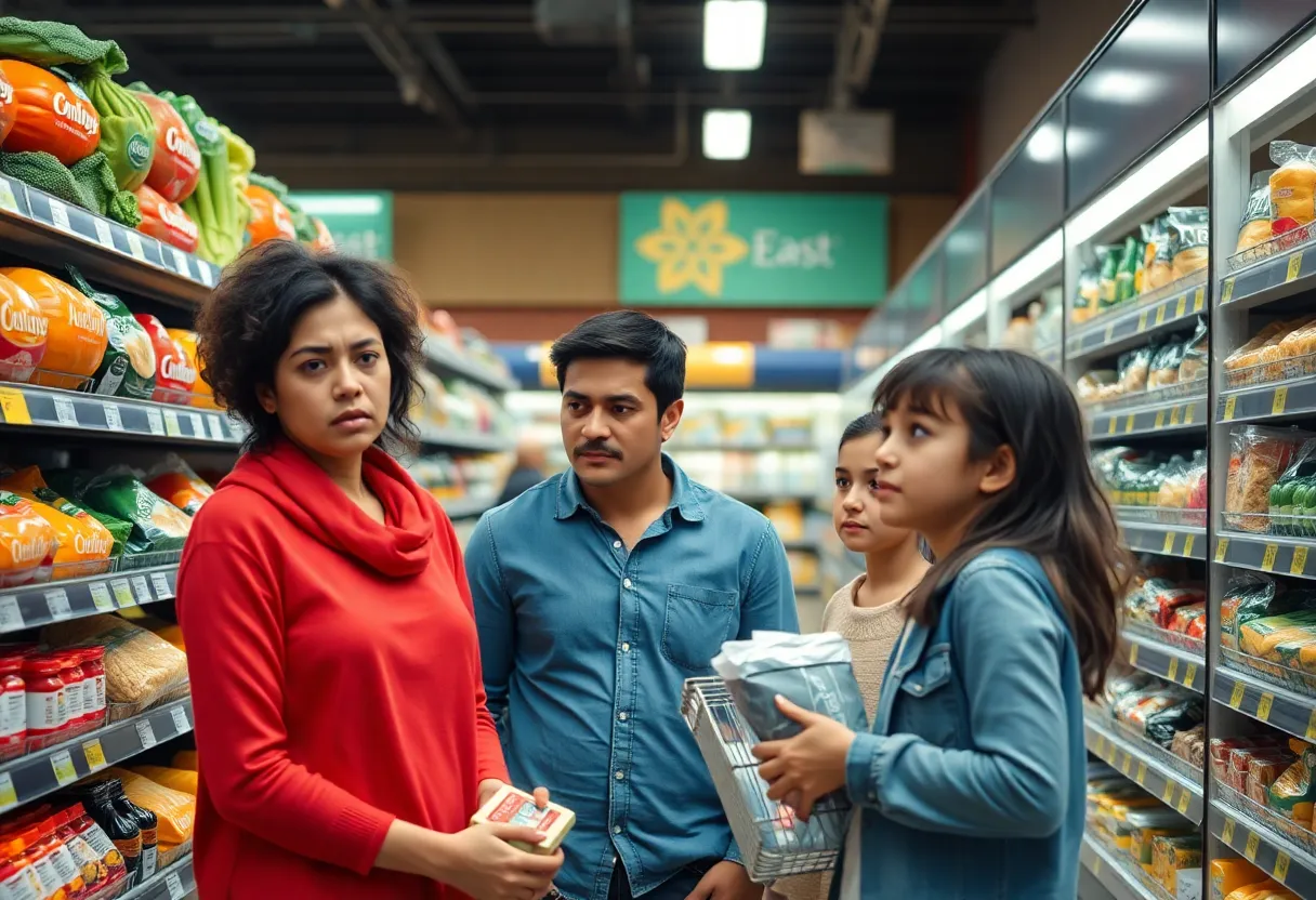 A family in a grocery store looking concerned about food prices