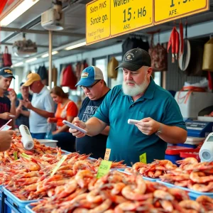 Scene depicting shrimp authenticity testing in a Florida seafood market