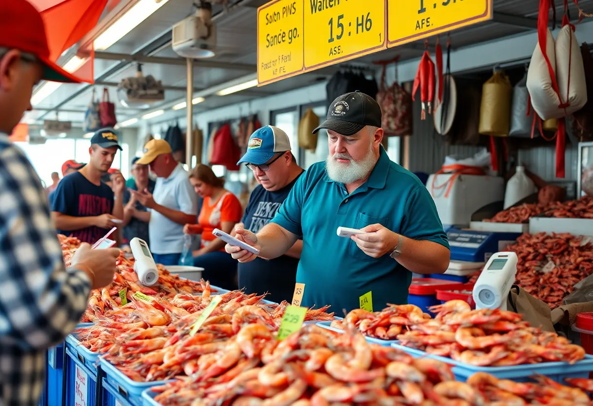 Scene depicting shrimp authenticity testing in a Florida seafood market