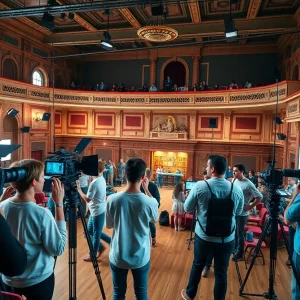 Students working in a film school setting at the Regal Theater