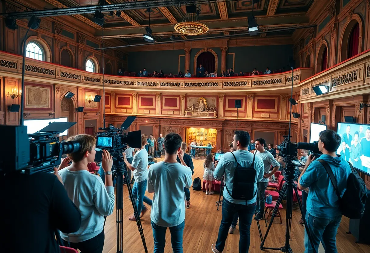 Students working in a film school setting at the Regal Theater