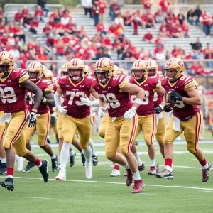 FSU football players practicing on the field in garnet and gold uniforms