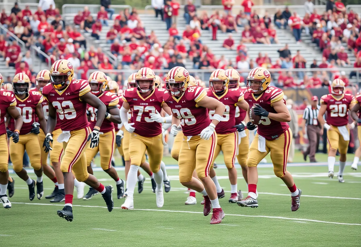 FSU football players practicing on the field in garnet and gold uniforms