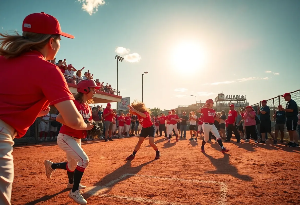 Florida State softball players in an exciting game